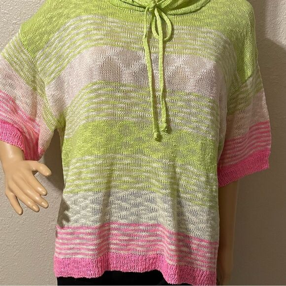 Bibi Rhyme Or Reason Lightweight Striped Hoodie Sweater Green Pink Size Medium - Picture 2 of 12